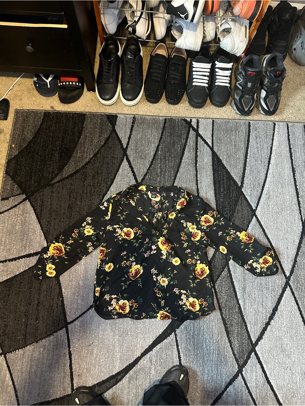 Rue21 Black Floral Button-Up Blouse with Yellow Roses